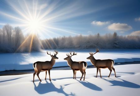 three deer in the snow at the edge of a river, boreal forest, background cirrus clouds and sun in halo, very realistic photography