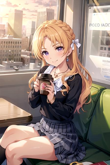 <lora:TsukasaKiryu-10:0.7> ,kiryut, 1girl, solo, long hair, looking at viewer, blush, smile, skirt, blonde hair, shirt, bow, ribbon, holding, jewelry, sitting, closed mouth, school uniform, purple eyes, collarbone, hair ribbon, braid, hair bow, pleated skirt, earrings, socks, miniskirt, bowtie, necklace, bracelet, cup, blue skirt, plaid, wavy hair, plaid skirt, ring, crossed legs, white bow, black socks, holding cup, french braid, disposable cup, coffee, grey shirt