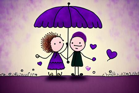 (8K Unity wallpaper) in the style of vladstudio, a couple of people standing under an umbrella in the rain under a purple sky with hearts on it and a purple background