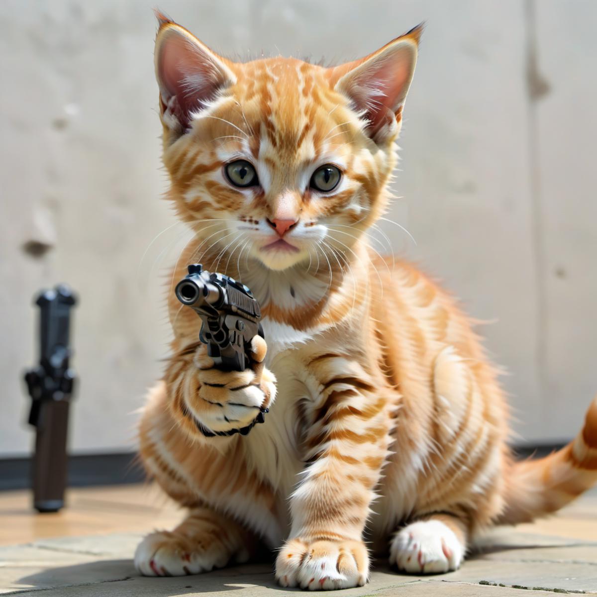 A small kitten holding a toy gun.