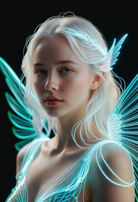 (tiny neon glass filaments,)
face focus, face closeup,
beautiful innocent woman, pale skin, fairy girl, white hair,swirling magical fairytale abstract, (wings attached to shoulders:1.1),  ArtStation style tiny neon glass filaments, made of, tiny neon glass filaments, w0gf1l