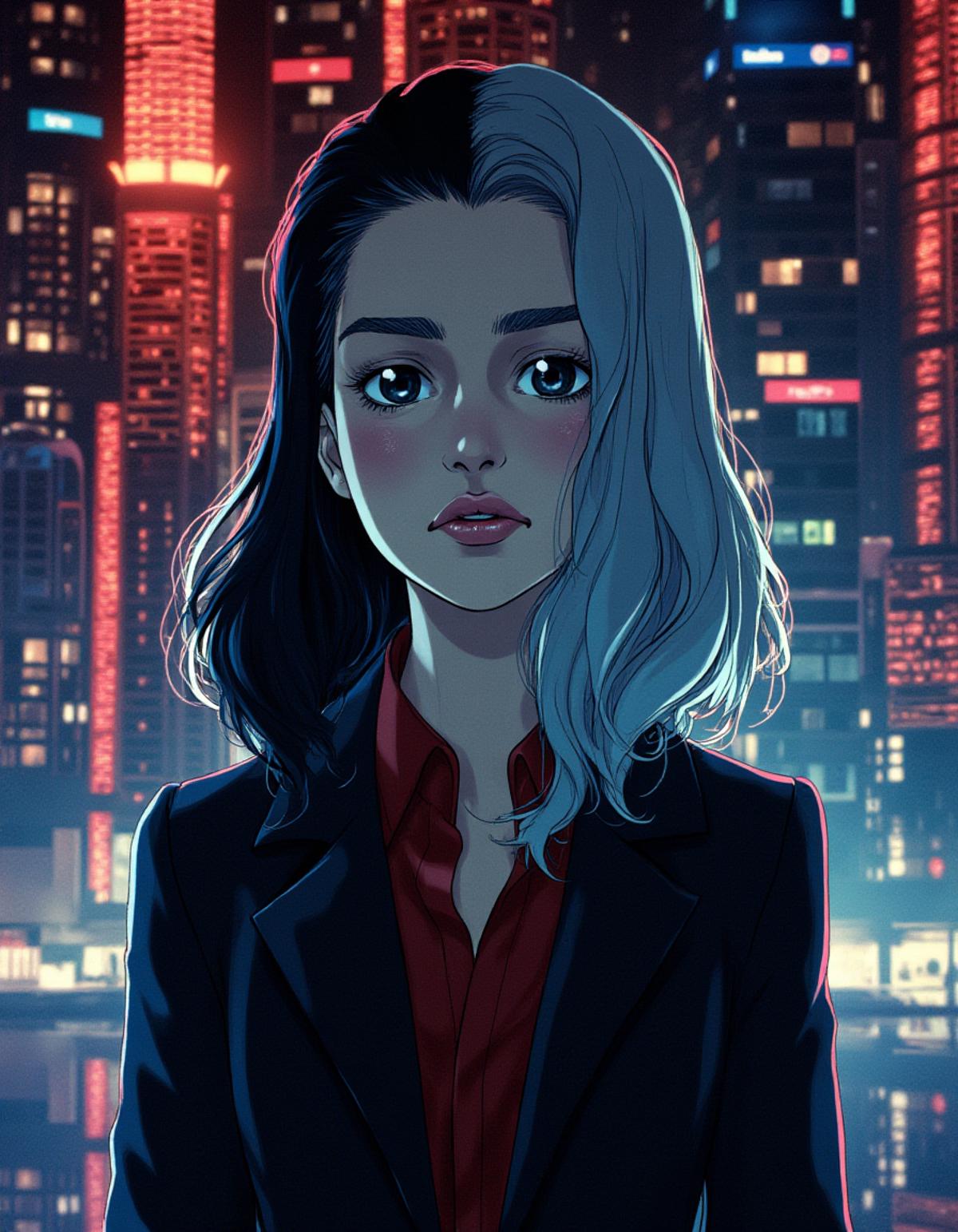 ((Retro 90s Anime style illustration)) drawing of a closeup on face of emxclarke wearing a long black trench-coat futuristic city in the background in the style of the 90s anime Akira.       <lora:Emilia_clarke_and_daenerys_FLUX_epoch_49:1>