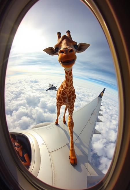 “A giraffe jogging on the wing of an Airbus, with its long legs moving in the wind, looking directly at the viewer through the window of the plane. The scene is captured with a cheap GoPro camera using a hyper fisheye lens, creating a distorted, wide-angle view. The plane is cruising high above the clouds, sunlight reflecting off its metal surface. Inside the cabin, passengers are visible through the window, clearly startled by the sight. The giraffe has a scary, creepy clown smile, its fur ruffled by the wind. Its expression is unsettling and bizarre, adding an eerie touch. In the background, an F-35 fighter jet floats among the clouds, enhancing the surreal, absurd atmosphere of the scene.”