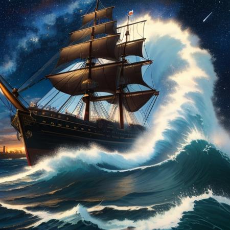 (best quality: 1.2), (masterpiece: 1.2), (realistic: 1.2), a steampunk ship on high sea, huge waves, starry night, on eye level, scenic, masterpiece