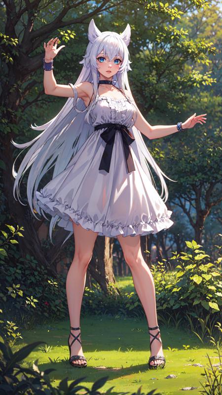 white hair long hair animal ears blue eyes white dress bracelets bare shoulders blue ribbon choker gladiator sandals