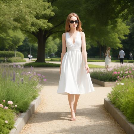 ((Best quality)),((masterpiece)),((realistic)),A girl walking in a white dress with sunglass in the park,Luxuriant flowers,Colorful plants,