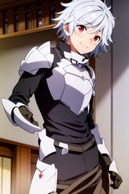 male focus, 1boy, solo, armor, red eyes, smile, breastplate, shoulder armor, looking at viewer, standing, gloves, white hair, black pants