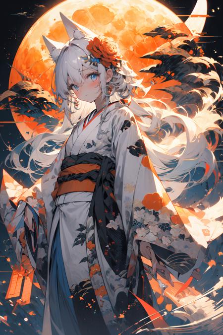 (masterpiece:1.2), best quality,PIXIV,  As the moon,
1girl, solo, long hair, moon, looking at viewer, full moon, japanese clothes, blue eyes, white hair, kimono, wide sleeves, long sleeves, animal ears, floral print, egasumi, hair ornament, bangs, hair between eyes, standing, closed mouth, jewelry, blush, earrings, white kimono, print kimono
 <lora:As the moon_20230809104912-000018:1>