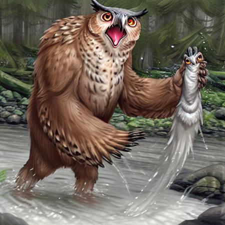 Owlbear catching salmon in a creek