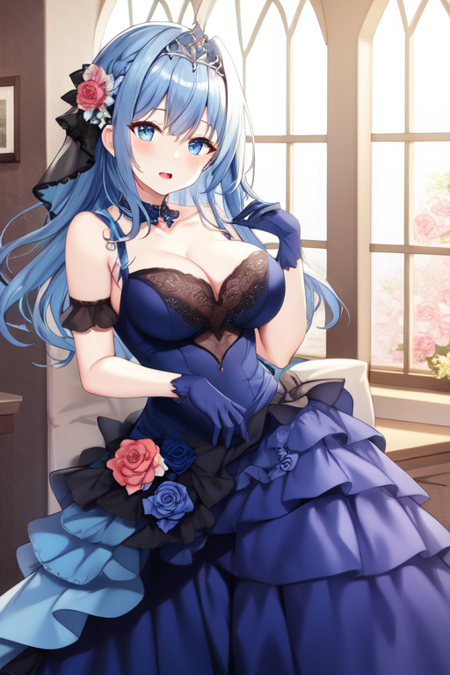 bridal, large breasts, blue eyes, cleavage, gloves, rose, hair flower, open mouth, collarbone, tiara, blue hair