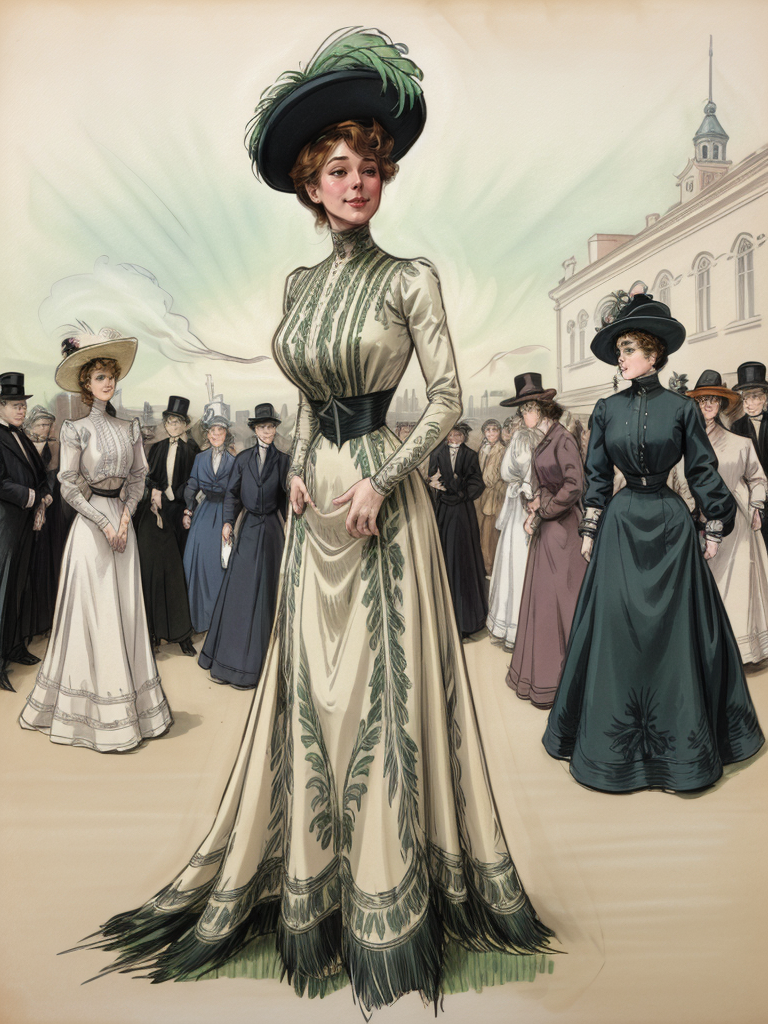 brushstrokes, flat colors, vintage pen and ink drawing of (half length, upper body), tall slender woman wearing a  green dress  and  small hat with feathers,  detailed background, crowded street background, avant garde men in suits, bohemian women in dresses circa 1890, smile   attractive face, (action pose, dynamic angle,:1.3), perspective, depth of field, Peralta Street, Oakland, CA <lora:th3p1t_b:0.3> th3p1t, smile <lora:detail_slider_v4:-3> <lora:cdg_v3:0.7> drawing by Charles Dana Gibson <lora:1900_dress_v2:0.7> 1900_dr3ss