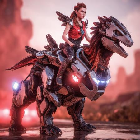 <lora:AloySDXLCropped:0.7> Aloy wearing red metal armor and a feathered headdress, riding a futuristic metal robot dinosaur