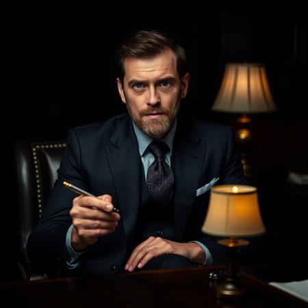 A man with classic suit in dark holding a pen in his hand sitting in a chair, table , with a dark background that highlights in face nothing visible a lamp in table