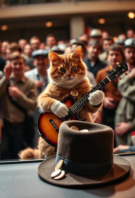 cat playing the guitar for a crowd, hat before the cat. coins in the hat.