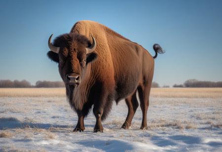 very realistic photograph of plains bison in a snowy field, blue sky background with cirrus cloud and slightly hidden sun