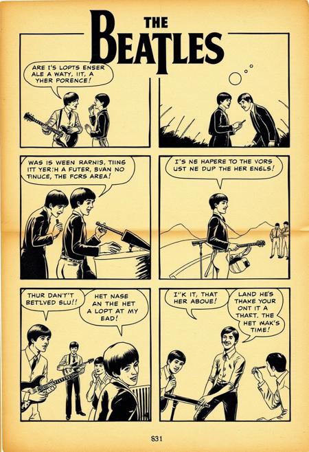 the beatles comic strip in panels, aged pages, crude drawing, fumetti tijuana bible text: "day tripper"