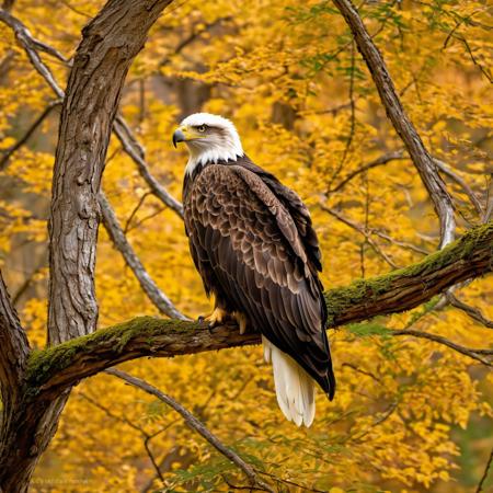 Eagle Perched on Tree Branch, Pristine Clarity: Majestic eagle sitting, detailed feather texture, sharp talons gripping the branch, intense, focused gaze, deep forest background with distinct leaves and branches, soft natural light filtering through canopy, realistic beak texture, subtle reflections in eyes, every feather individually defined, natural color palette of the eagle harmoniously blending with the environment, clear, detailed forest setting, high-resolution image quality mimicking Canon R5 camera, RF 600mm lens capabilities, f/4 focal depth, no bokeh effect, resulting in a life-like, ultra-detailed representation.