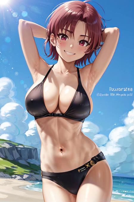 (masterpiece, best quality:1.2), bazett, fgo, 1girl, solo, arms behind head, arms up, grin, blush, short hair, red hair, bangs, red eyes, mole under eye, huge breasts, bikini, swimsuit <lora:BAZETT-15:0.8>