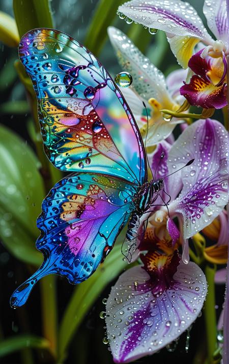 A iridescent butterfly with delicate wings featuring intricate patterns of Amazonian flowers, perched on a vibrant orchid, with a few dew drops glistening on its wings and a subtle shimmer effect <lora:MJ52:0.5>
