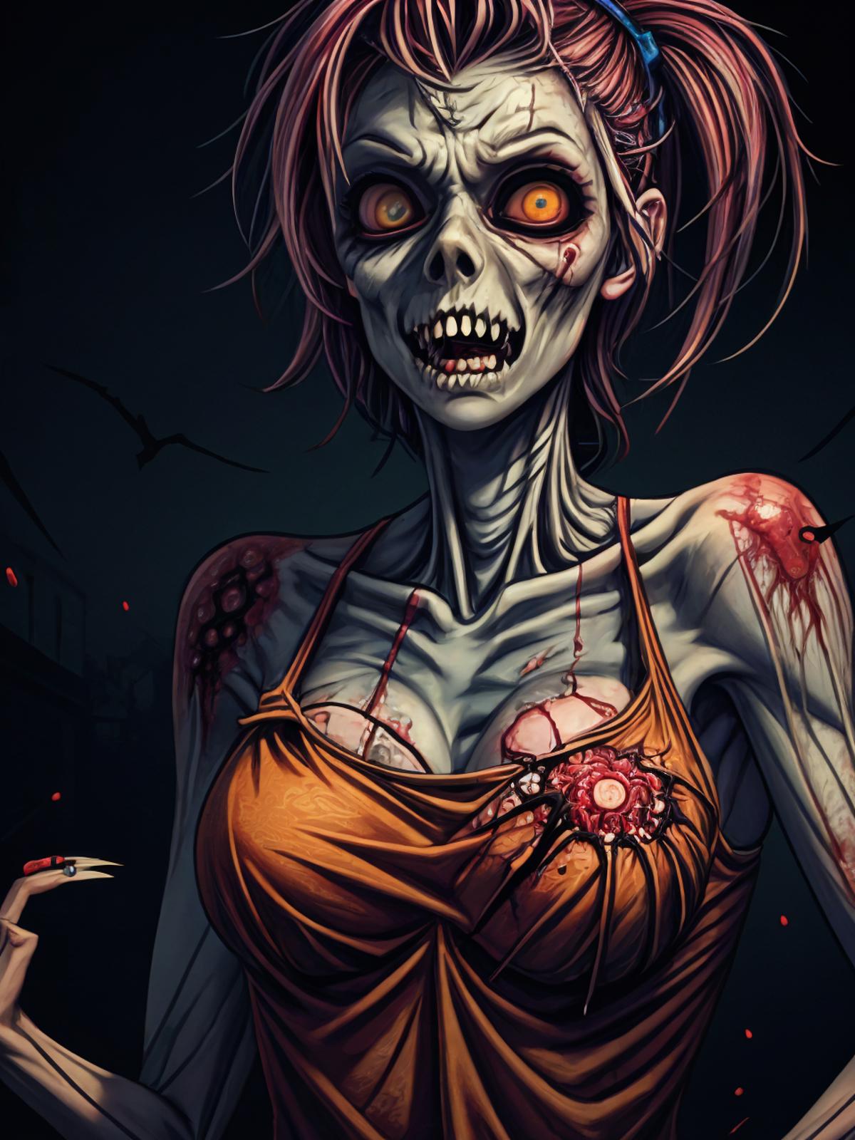Zombie woman with pink hair and orange dress.
