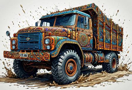 Finely detailed vector illustration, heavy offroad lorry, ultra realistic quality, interwoven pattern, white background, hyperdetailed, intricately detailed,  triadic colors,fantastical,intricate detail,splash screen,complementary colors, fantasy concept art, 8k resolution, masterpiece, ink on old paper, calligraphy,