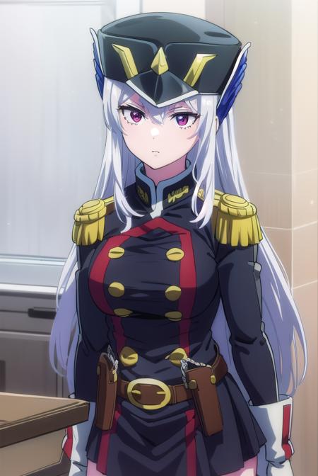 kyouka uzen, long hair, (red eyes:1.3), very long hair, white hair, thighhighs, gloves, hat, boots, belt, sword, uniform, zettai ryouiki, military, military uniform, thigh boots, shako cap,