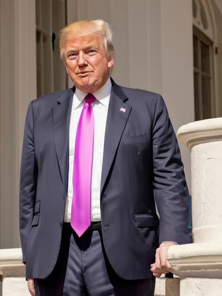 Trump768 , overweight, very long red tie, Stylish 1980s power suit with a strong shoulder pad, tapered trousers, and bold color, detailed eyes, photography, ultra-sharpness, highest quality, art of Anya Millen, smooth, clear focus, trend on artforum, behance hd, muted colors    <lora:Trump768:0.7>