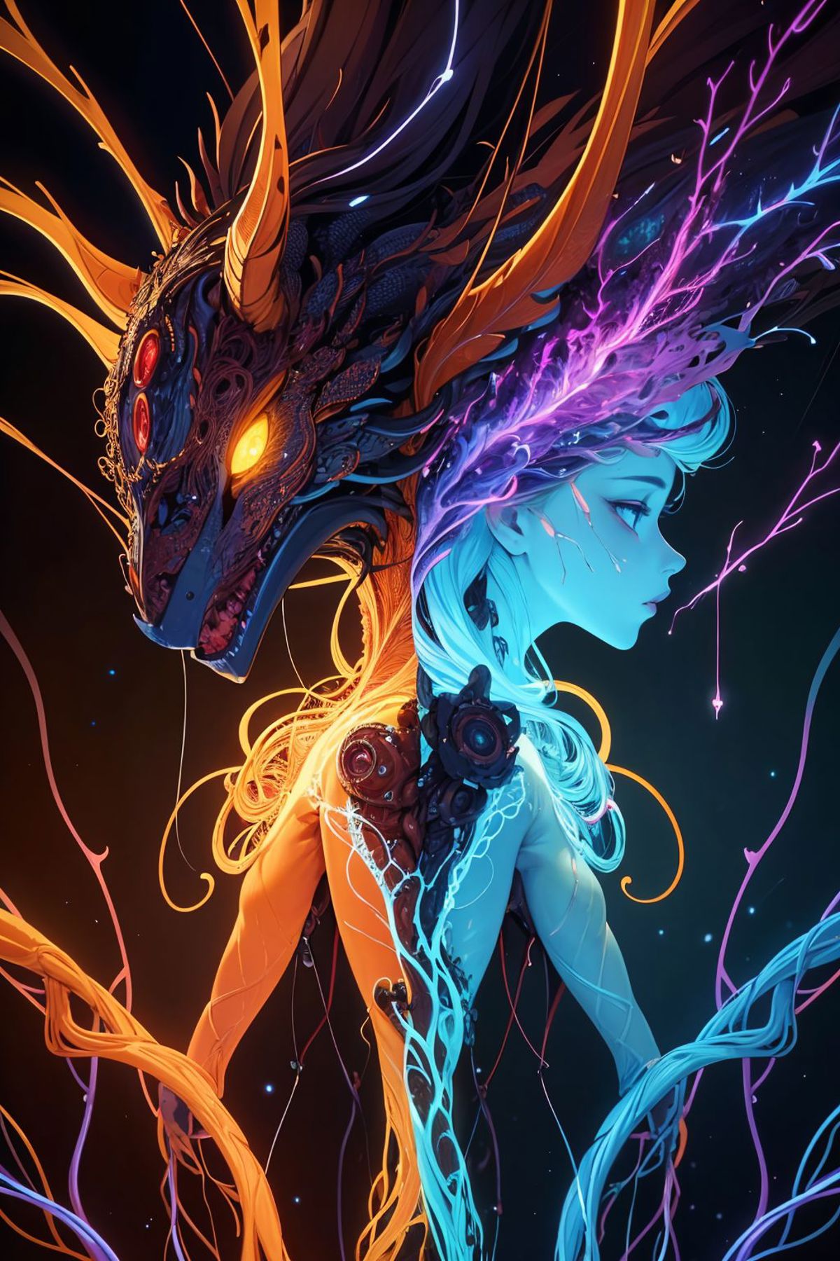 A colorful artwork featuring a woman's face and a dragon's face.