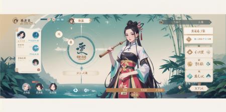 Game interface,return,tab,button,1girl,black hair,long hair,bamboo,chinese clothes,dress,solo,upper body,<lora:gufengjuesebbb:1>,