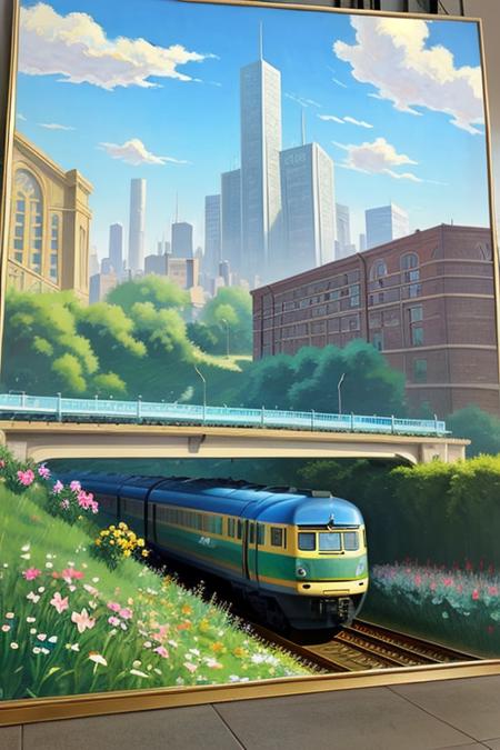 a photo of the nice Isometric_Dreams, a painting of a flower in a vase with a train on it's side and a building in the background