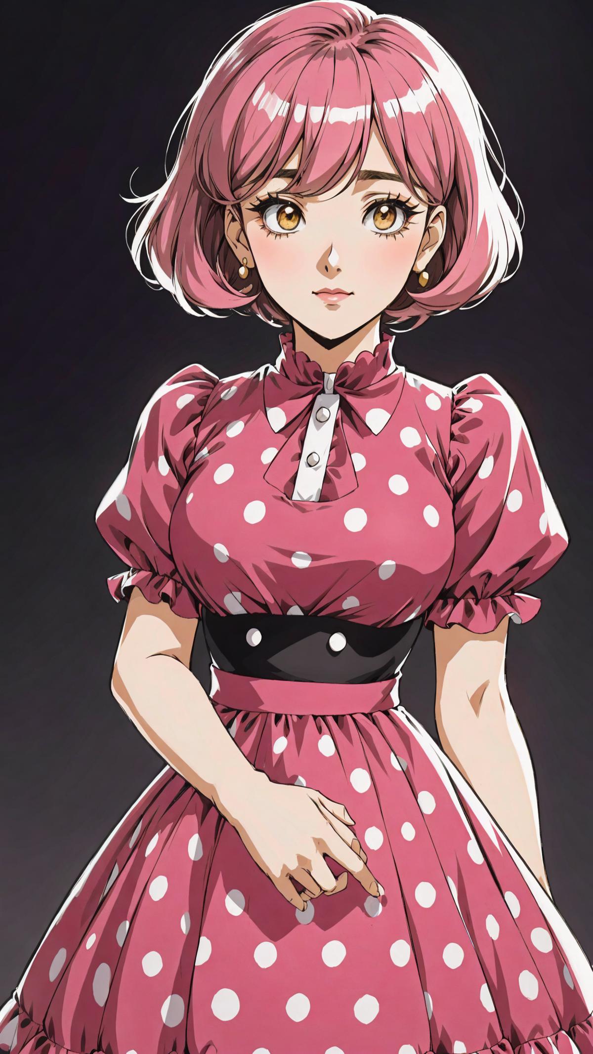 A pink-haired woman wearing a polka dot dress and a black bow tie.