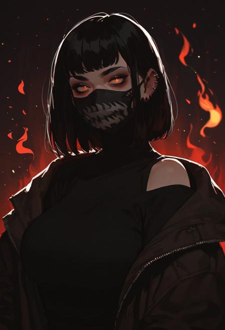 score_9, score_8_up, score_8_up, 1girl, anime style, (depth of field), intimate raw shot, (goth girl, face mask, ski mask), big breasts (open jacket, off shoulder), (holding a weapon), (glowing particles, flames), moody lighting, mysterious ambiance, dark colors, ultra-detailed, high quality, mixed media, captivating emotions, intriguing contrast, dynamic composition, provocative vibe <lora:g0th1cPXL:0.65> <lora:incase-ilff-v3-4:0.80>