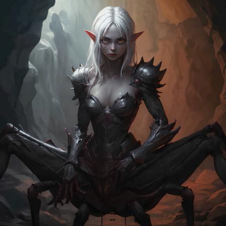 highly detailed photo of a (drider):1.1 in a cave,
1girl, solo:1.2, no humans, 
(spider legs, arthropod limbs, multiple legs):1.3,

long hair, 
white hair, armor, 
breasts, cleavage, spikes, (white eyes):1.2,
perfect face, perfect eyes, 

looking at viewer,
elven female face, arachnid body has spider legs,

realistic:1.0, depth of field, blurry, blurry background,

light and dark,
silhouette lighting,
best quality, intricate details,
photorealistic:1.1, 
professional lighting:1.1,







