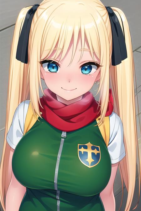 Claire very long hair,blonde hair,twintails,hair ribbon,black ribbon,sidelocks,parted bangs,blue eyes red scarf,sleeveless jacket,green jacket,cleavage cutout,white shirt,short sleeve shirt,fingerless gloves,brown gloves,large breasts,grey shorts,short shorts,zettai ryouiki,white thighhighs,boots,cross-laced footwear,brown footwear