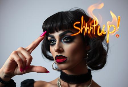A very young drag queen girl with black makeup and pink nails, looking like she just failed something, shaking her head, drawing the letters "shut up" using flames, in the air, with a finger, on that finger have a tattoo "Shhhh!" photo by helmut newton