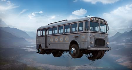 flying silver bus<lora:Retro-Futurism_v2:0.7>, (photorealistic:1.3), best quality, ultra high res, intricate details