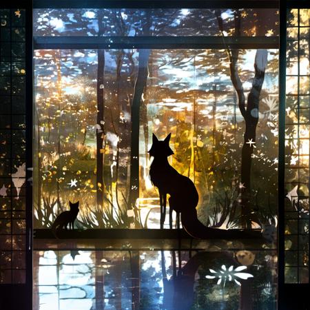 <lora:star_xl_v2:1>,
a cat sitting on a window sill looking out at the outside of the window with the cat in the window, 1girl, solo, animal ears, standing, tail, japanese clothes, water, from behind, tree, fox ears, fox tail, leaf, sunlight, scenery, reflection, silhouette, sliding doors, sitting, shadow, grass, The image showcases a serene and dreamlike scene set against a backdrop of a forest. A silhouette of a person, possibly a girl, stands in the center, holding a fox-like creature by its tail. The person is dressed in a long dress and appears to be gazing into the distance. The forest is illuminated by a soft, golden light, and there are various elements like leaves, branches, and possibly fireflies scattered throughout. The image is framed by a window or sliding door on the left, which has a grid pattern. The entire scene is overlaid with a myriad of abstract shapes, stars, and patterns, giving it a magical and ethereal quality., serene, dreamlike, forest, fox-like creature, dress, gaze, grid pattern, magical, ethereal