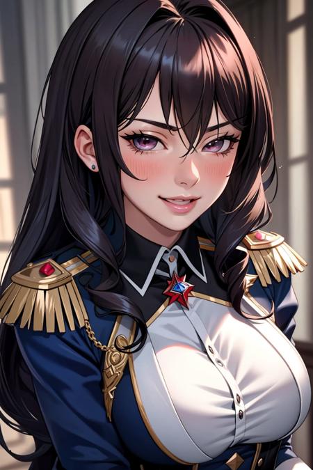 ((Masterpiece, best quality)),edgQuality,smirk,smug,dark hair
edgElegant, 1girl, solo, long hair, breasts, looking at viewer, blush, open mouth, epaulettes,wearing edgElegant
 <lora:edgElegant-000006:1>