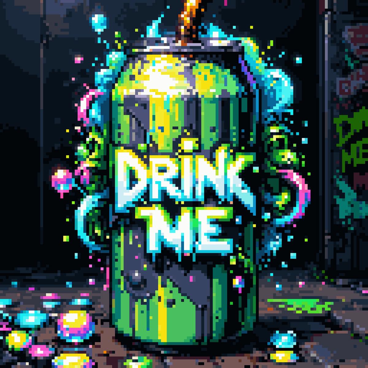 Colorful Drink Me Can with Graffiti and Bubbles