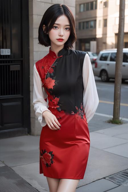 (akusema long sleeves printed china dress),1 girl,upper body, high heels,(short hair:1.1), (realistic:1.7),((best quality)),absurdres,(ultra high res),(photorealistic:1.6),photorealistic,octane render,(hyperrealistic:1.2), (photorealistic face:1.2), (8k), (4k), (Masterpiece),(realistic skin texture), (illustration, cinematic lighting,wallpaper),( beautiful eyes:1.2),((((perfect face)))),(cute),(standing),(black hair),(short hair),black eyes,red lips, (outdoors),<lora:ChinaDress:0.55>,  <lora:JapaneseDollLikeness_v15:0.4>,