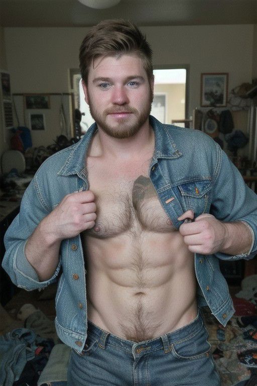 hyper realistic candid photo of a 24yo redneck male, average, (looking at camera:1.3), messy room, analog style, masterpiece, pubic hair, winking, short hair, slightly hairy chest, denim jacket, selfie, bulge