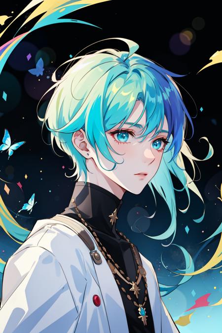 ((masterpiece:1.2, best quality)), 4k, 1boy, adult, male focus, aged up, pastel rainbow hair, aqua eyes, from side, space, galaxy, milky way, starry sky, glitter, astrology, broken glass, rainbow light, swirling wind, extremely detailed face, Shining white particles, rainbow-colored butterfly