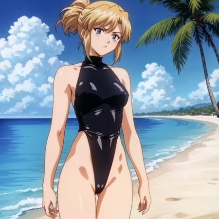 <lora:aikastylev1:1> , 1girl, masterpiece, best quality, extremely detailed 8K wallpaper, skin tight, ultra detailed, volumetric lighting,  best anatomy, detailed eyes, beautiful eyes, best shadow,   retro artstyle, 1990s (style), anime screencap , screencap , beach, sand, palm trees, town in the background, blonde girl, yellow hair, long hair, blue eyes, black leotard, solo, ponytail