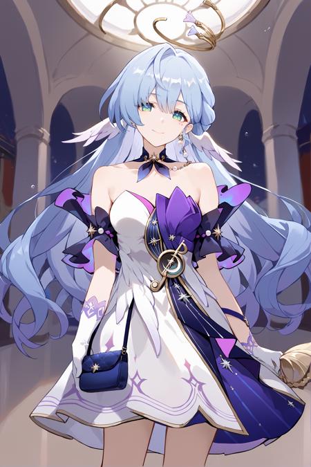 robin \(honkai: star rail\) sleeveless dress, halo, white gloves, earrings, detached sleeves, detached collar, head wings, blue pumps