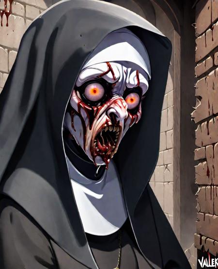 Stylized anime artwork, (valek\(the nun\)), creepy nun, eyes gouged, greasy skin, ill, absurd res, defiled, unclean, unholy, (thin crusty lips), evil, possessed, rot, decay, digital painting, anime studio, masterpiece, Best quality, high detail, subsurface scattering, cinematic lighting, in shadow, scream <lora:SDXL_Creepy_Nun:1.0>