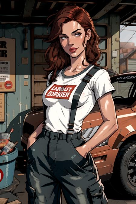 (detailed), beautiful woman, dark red hair, pale skin, wearing loose [black:dark blue:0.5] baggy racing cargo pants full [jumpsuit|overalls], (baggy loose untucked tshirt), branded graphics clothes, racing neck brace, oily sweaty grimy skin, smirk, lips parted, detailed wet hair, (racing harness), dirty, car mechanic, garage, ((high detailed skin, skin details)), detailed cloth folds, detailed cluttered busy small run down garage background, indoors, hand in pocket, 8k uhd, dslr, high quality, film grain, (intricate linework:1) outlines, professional comic book style <lora:stylesqueeze_v1:1>, flat colors, (flat shaded:1)