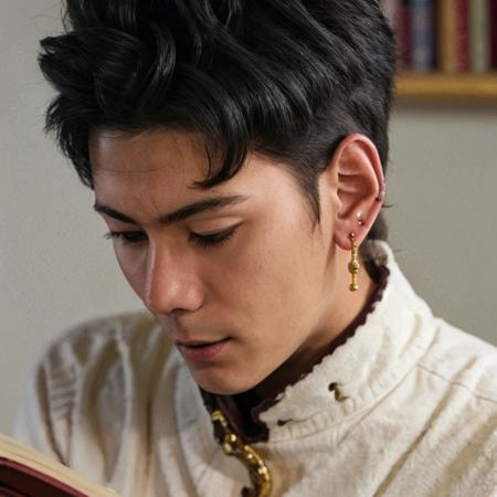 a man is reading in reading room, sitting, upper body, close up, (ear ring:1) <lora:lcm-lora-sdv1-5:1> <lora:DingZhen-LoRA-rank_8:1>