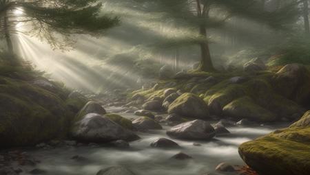 forst landscape, many trees, light coming through trees, fog, god rays, stones, fallen leaves, rock formation, river in the forground,
realistic, highly detailed, cinematic,
detailed, vibrant, photo realistic, dramatic, sharp focus, 8k,