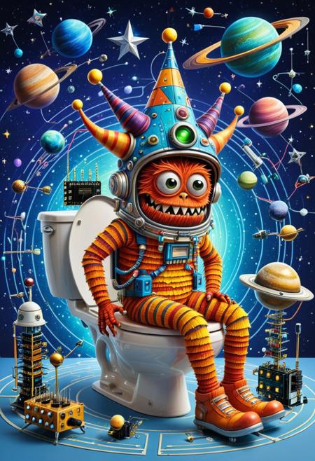 score_9, score_8_up, score_7_up, score_6_up,
super colorful, highly detailed, funny monster, funny, silly hat, detailed background, space craft, space ship, extravagant background,  sitting on, galaxy toilet, colorful, star (sky), planets, Transistors, futuristic, cimputers,