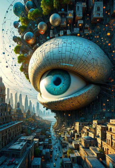Create an artistic and conceptual photograph that showcases a close-up, slightly skewed perspective of a futuristic city scene, viewed from the left corner and taken from below, resembling a unique aerial view. The main focal point is a massive, eye-shaped structure with a spiral, shell-like formation, layered with cities and colonies of varying sizes resembling a city-tree.
Surrounding the eye, multiple spheres of different sizes and colors float, interconnected by lines that evoke the feel of atomic or molecular models. The eye structure features a perspective view of walls adorned with Mendeleev's periodic table, diverse symbols, and intricate diagrams. Numerous black dots and numerical figures cascade from every direction, representing the digitized world.
Incorporate elements of geometry, algebra, and Latin letters, contrasting the color palette of white, black, and vibrant, juicy hues. The lighting should be soft and uniform, emphasizing the textures and contrasts between varying colors.
Set against a pristine, white, and neutral backdrop, the image exudes a sense of cleanliness, sophistication, and symbolism. The overall aesthetic is mystical, mysterious, and somewhat alarming, while maintaining a surrealistic and futuristic atmosphere. The style is reminiscent of science fiction, with an emphasis on isometric fantasy and abstract architecture.